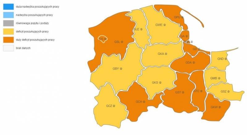 mapa 1: Prognoza zapotrzebowania na robotników budowlanych w województwie pomorskim na rok 2019