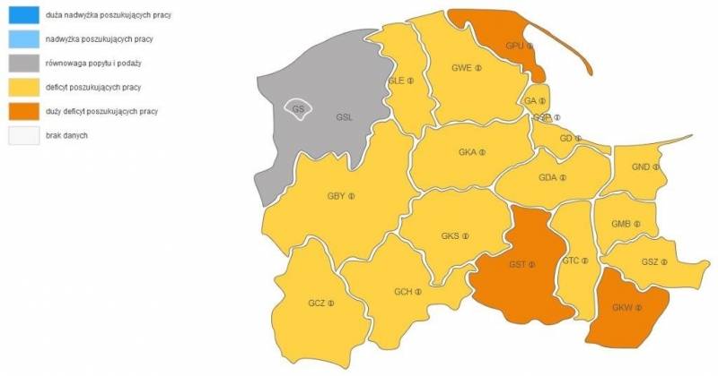 Mapa 3: Prognoza zapotrzebowania kucharzy w województwie pomorskim na rok 2019