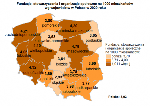 mapa: Fundacje, stowarzyszenia i organizacje społeczne na 1000 mieszkańców wg województw w Polsce w 2020 roku