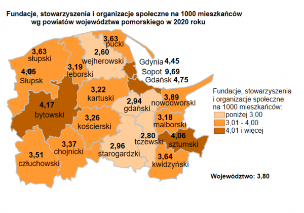 mapa: Fundacje, stowarzyszenia i organizacje społeczne na 1000 mieszkańców wg województw w Polsce w 2020 roku