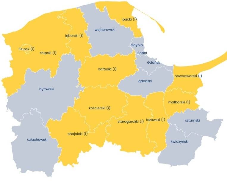 mapa 1: zapotrzebowanie na recepcjonistów i rejestratorów w województwie pomorskim w 2020 r.