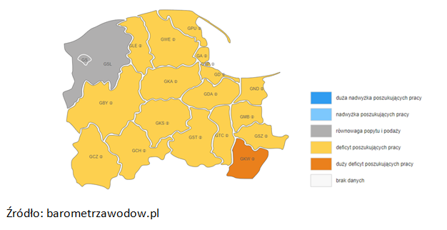 mapa 1.Prognoza zapotrzebowania na elektryków, elektromechaników i elektromonterów w województwie pomorskim w 2020 roku
