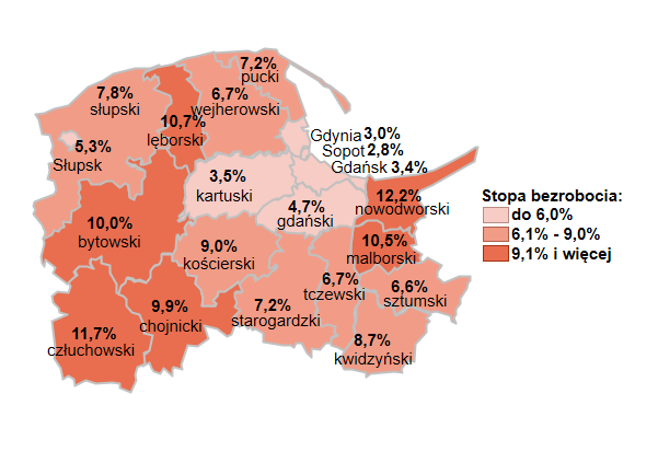 Mapa przedstawia stopę bezrobocia na powiaty województwa pomorskiego. 