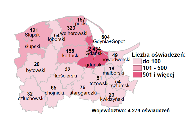 Mapa przedstawia liczbę wpisanych do ewidencji oświadczeń w podziale na powiatowe urzędy pracy województwa pomorskiego.