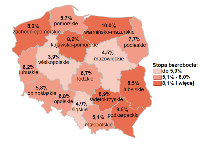 Mapa przedstawia stopę bezrobocia na województwa.