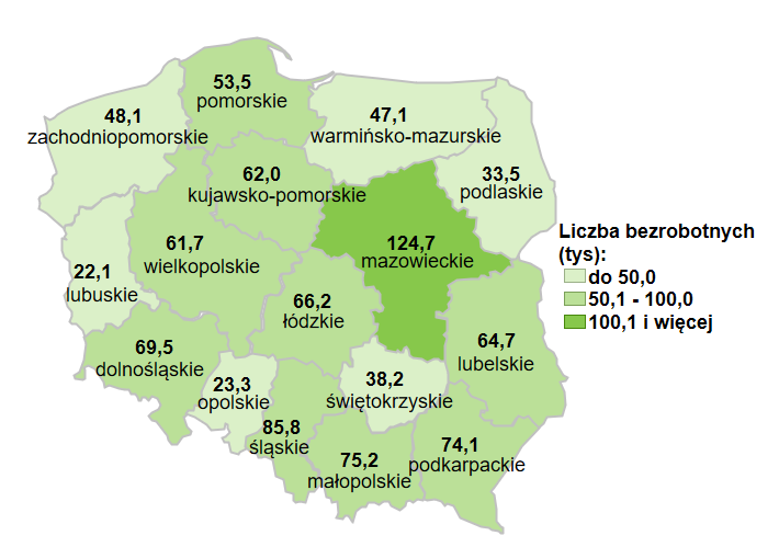 Mapa przedstawia liczbę bezrobotnych w województwach.
