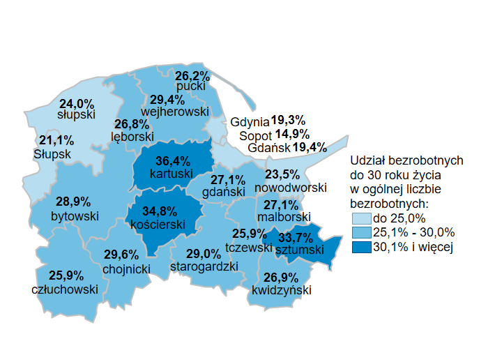 Mapa przedstawia udział bezrobotnych do 30. roku życia w ogólnej liczbie bezrobotnych w podziale na powiaty województwa pomorskiego. 