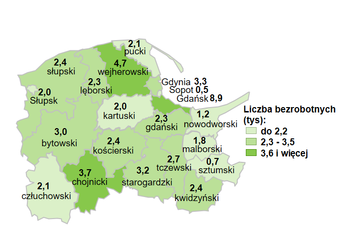 Mapa przedstawia liczbę bezrobotnych w podziale na powiaty województwa pomorskiego.