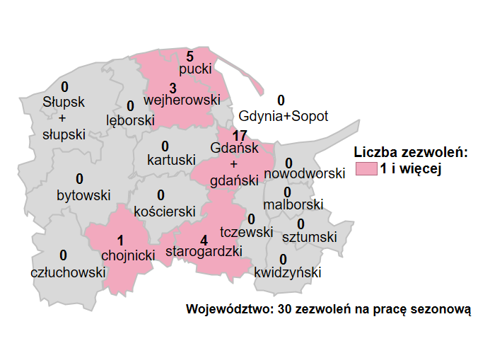 Mapa przedstawia liczbę wydanych zezwoleń na pracę dla cudzoziemców w podziale na powiatowe urzędy pracy województwa pomorskiego.