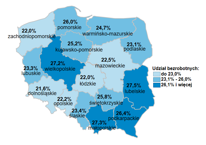 Mapa przedstawia udział osób do 30. roku życia w ogólnej liczbie bezrobotnych w podziale na województwa. 