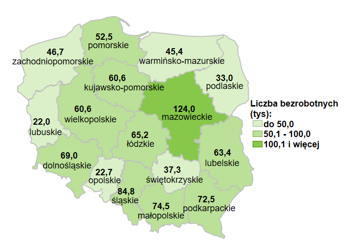 Mapa przedstawia liczbę bezrobotnych na województwa.