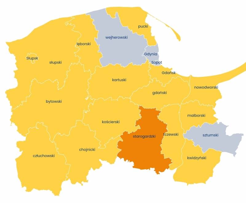mapa 1: Prognoza zapotrzebowania na fizjoterapeutów i masażystów w województwie pomorskim na rok 2021