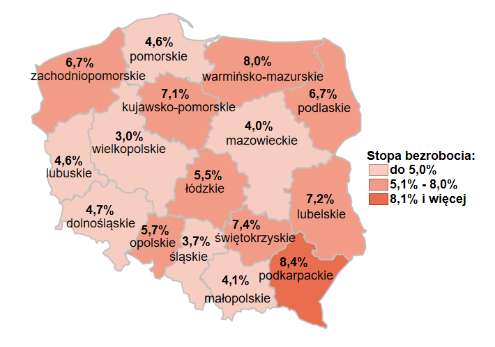 Mapa przedstawia stopę bezrobocia w województwach. 