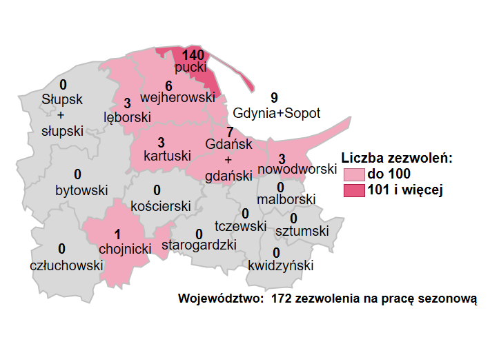 Mapa przedstawia liczbę wydanych zezwoleń na pracę sezonową dla cudzoziemców  w podziale na powiatowe urzędy pracy województwa pomorskiego. 