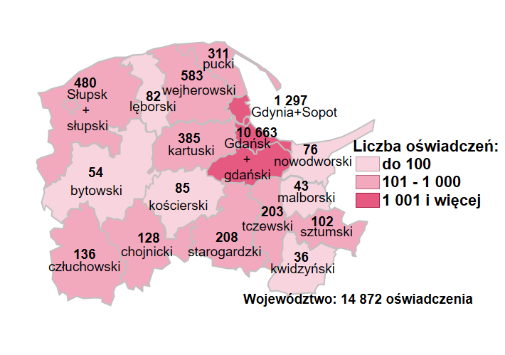 Mapa przedstawia liczbę wpisanych do ewidencji oświadczeń o powierzeniu wykonywania pracy cudzoziemcom w podziale na powiatowe urzędy pracy województwa pomorskiego. 