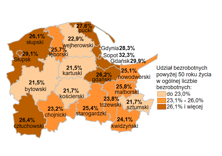 Mapa przedstawia udział bezrobotnych powyżej 50 roku życia w ogólnej liczbie bezrobotnych w podziale na powiaty województwa pomorskiego. 