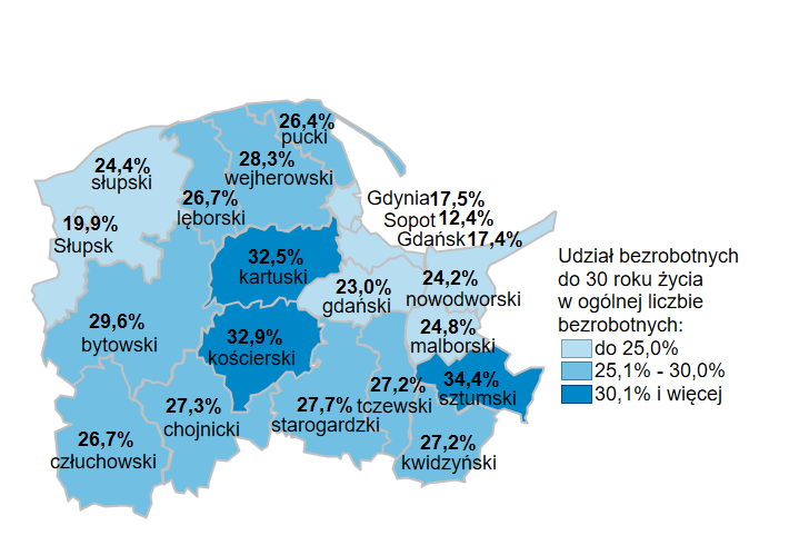 Mapa przedstawia udział bezrobotnych do 30 roku życia w ogólnej liczbie bezrobotnych w podziale na powiaty. 