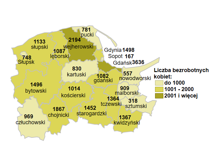 Mapa przedstawia liczbę bezrobotnych kobiet zarejestrowanych w powiatowych urzędach pracy województwa pomorskiego w podziale na powiaty. 