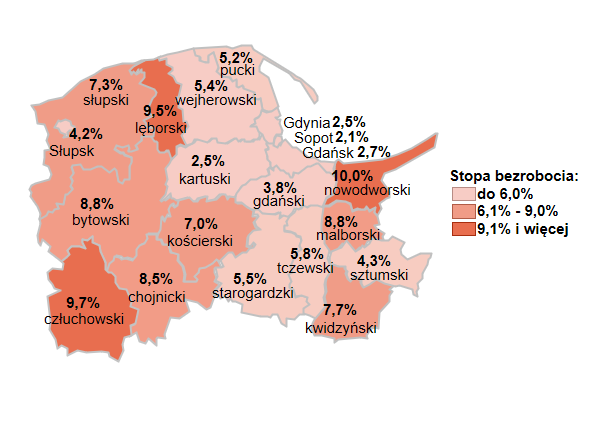 Mapa przedstawia stopę bezrobocia w powiatach województwa pomorskiego. 