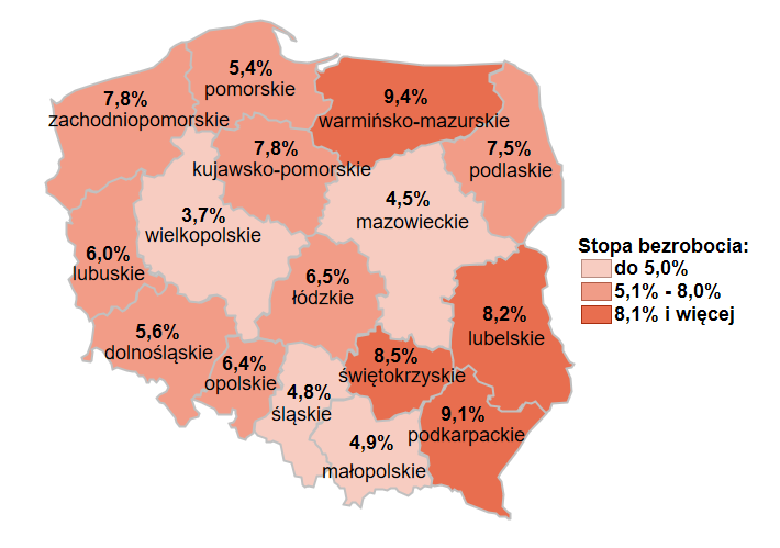 Mapa przedstawia stopę bezrobocia w podziale na województwa.