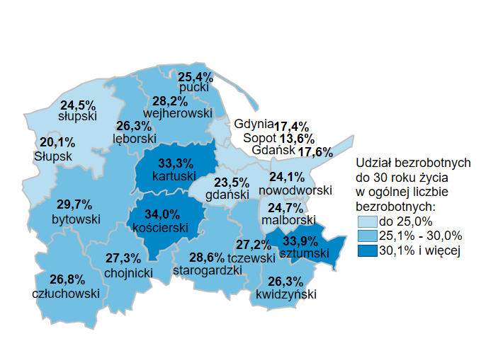 Mapa przedstawia udział bezrobotnych do 30 roku życia w ogólnej liczbie bezrobotnych w powiatach województwa pomorskiego. 