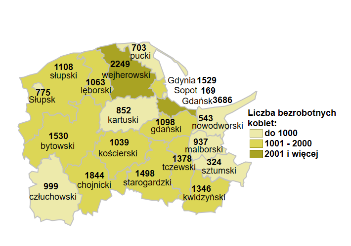 Mapa przedstawia liczbę bezrobotnych kobiet w powiatach województwa pomorskiego.