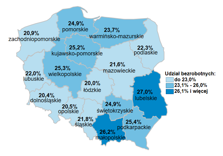 Mapa przedstawia udział bezrobotnych do 30 roku życia w ogólnej liczbie bezrobotnych w podziale na województwa. 