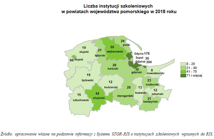 mapa: liczbs instytucji szkoleniowych w poszczegolnych powiatach województwa pomorskiego w roku 2018
