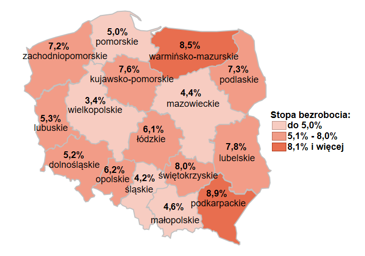 Mapa przedstawia stopę bezrobocia w województwach. 