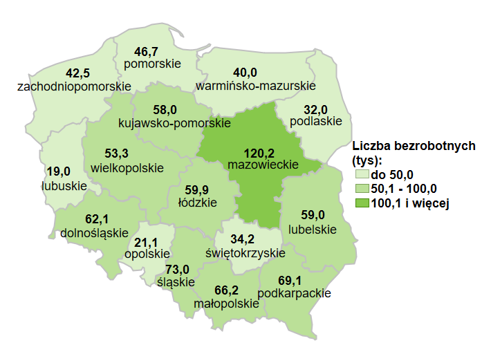 Mapa przedstawia liczbę bezrobotnych w województwach.