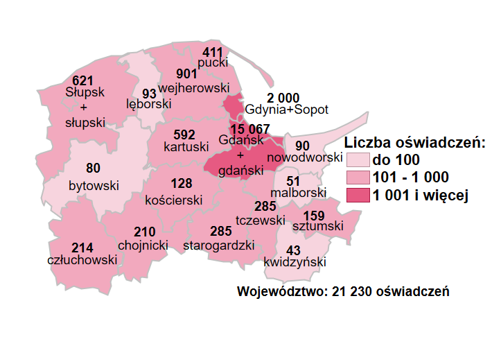 Mapa przedstawia liczbę wpisanych do ewidencji oświadczeń w powiatowych urzędach pracy województwa pomorskiego. 