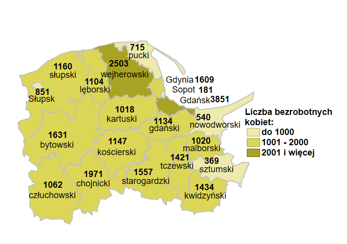 Mapa przedstawia liczbę bezrobotnych kobiet w powiatach województwa pomorskiego. 