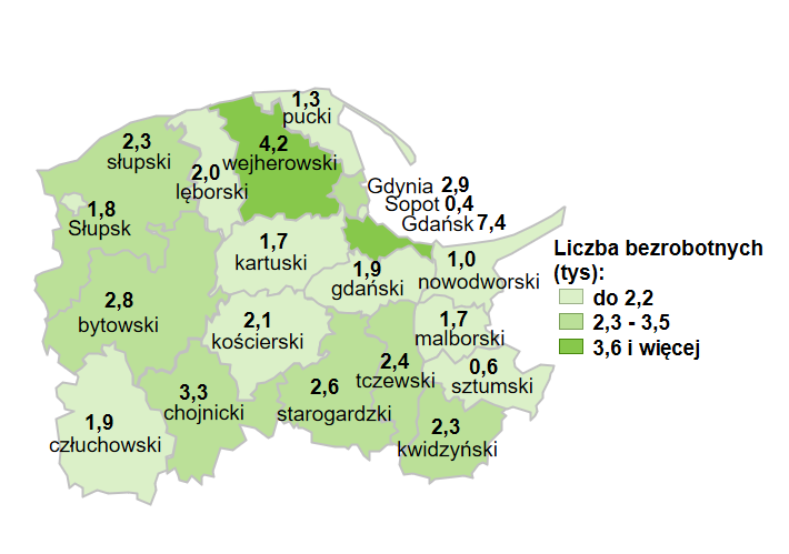 Mapa przedstawia liczbę bezrobotnych w powiatach województwa pomorskiego. 