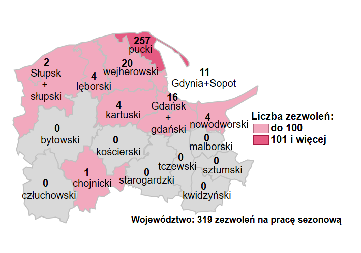 Mapa przedstawia liczbę wydanych zezwoleń na pracę sezonową w podziale na powiatowe urzędy pracy województwa pomorskiego. 