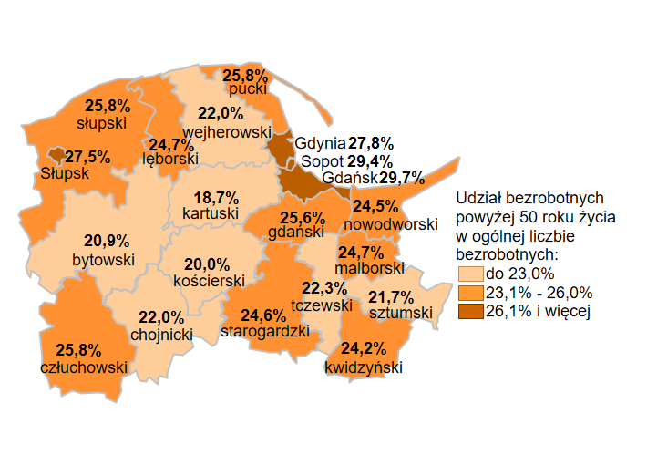 Mapa przedstawia udział bezrobotnych do 50 roku życia w ogólnej liczbie bezrobotnych w podziale na powiaty.