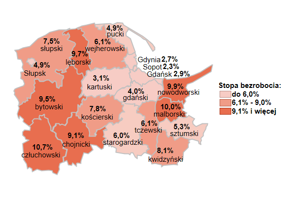 Mapa przedstawia stopę bezrobocia w powiatach województwa pomorskiego. 